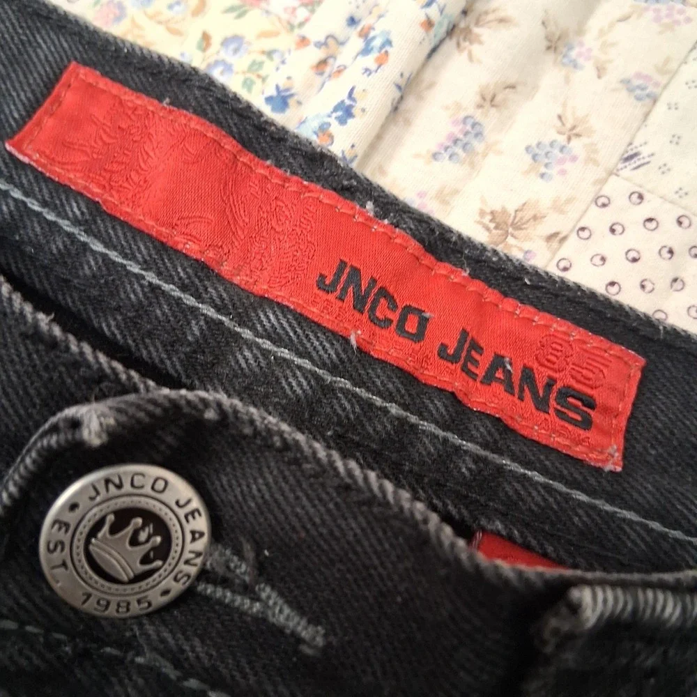 y2k Jnco Black Denim‎ Jeans Size 29x30 Gothic Spellout Double Back Pockets Wide